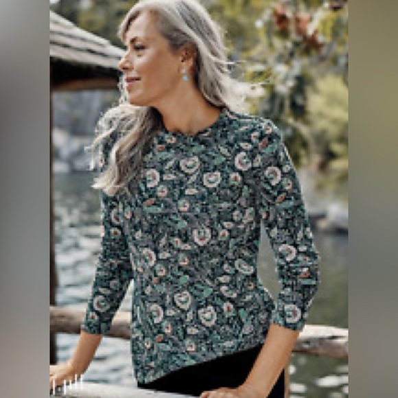 J.Jill Green Paisley Floral Long Sleeve Pima Crew-Neck High-Low Tee Size LP - Picture 1 of 7